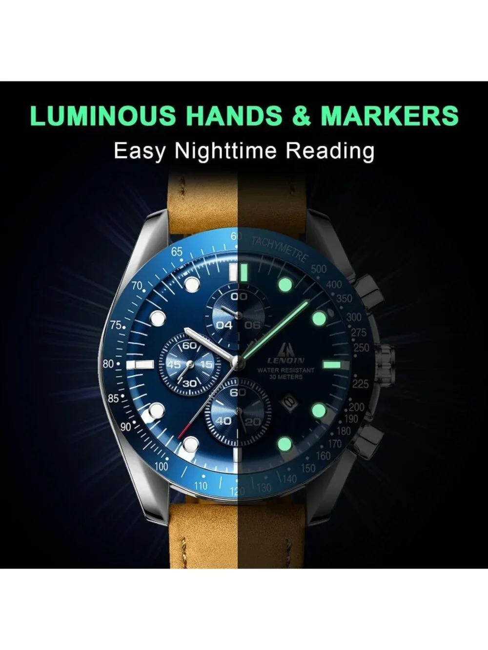 Men's Brown Blue Analog Quartz Leather Waterproof Luminous Luxury Casual Watch